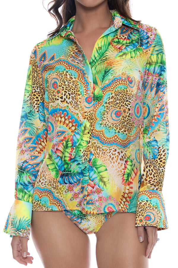 Luli Fama Sun Stones Button Down Deep Cuff Blouse
